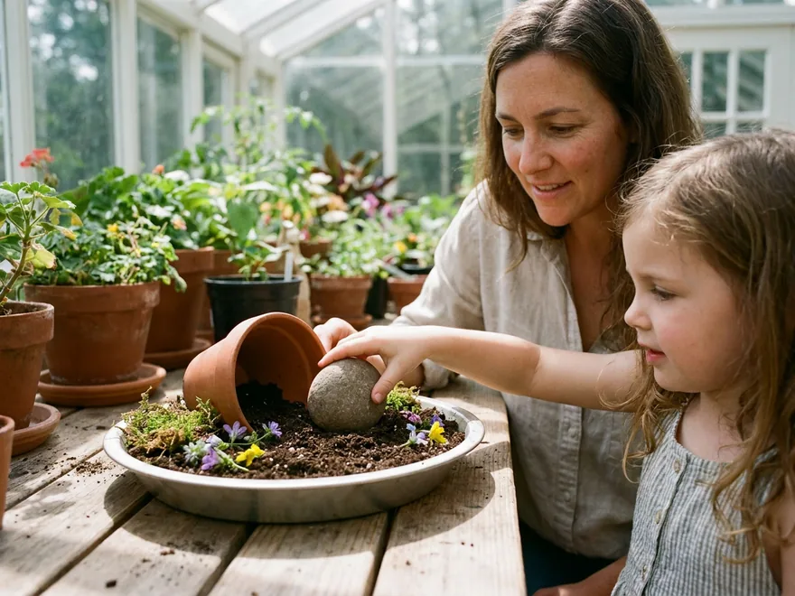 A girl in a glass sunroom rolling a round stone away from a clay pot laid on its side in a pie-tin garden of soil, moss and small flowers, her mother watching