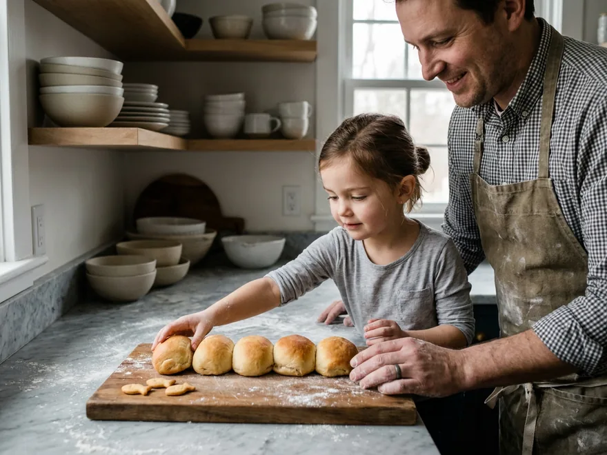 A girl setting the last of five small baked rolls in a row on a floury board beside fish-shaped crackers, her father beside her at a marble kitchen counter