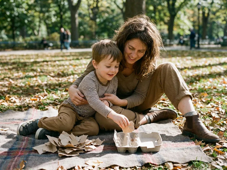 A boy dropping torn brown paper bread pieces into the cups of a cut egg carton on a picnic blanket in a park, his mother holding him on her lap