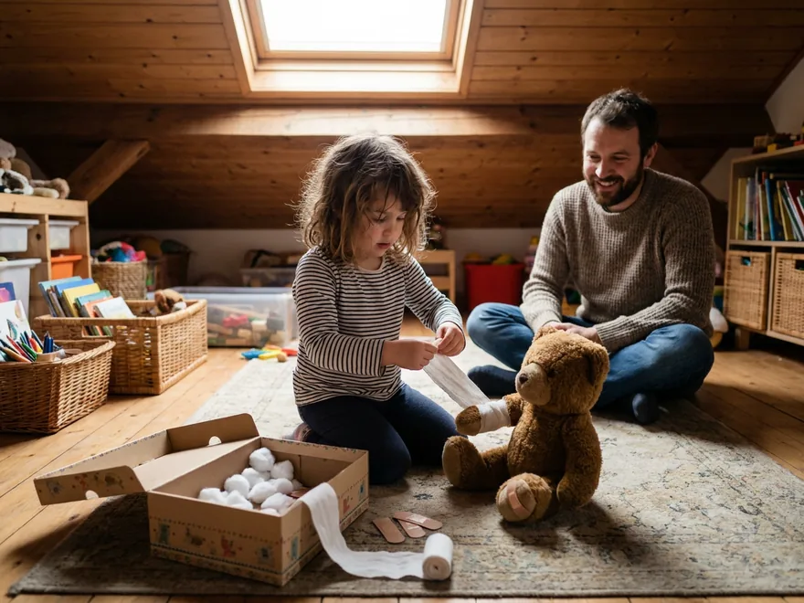 A girl in an attic playroom wrapping a white cloth bandage around a teddy bear's arm, a decorated box of cotton balls and bandages beside her and her father watching