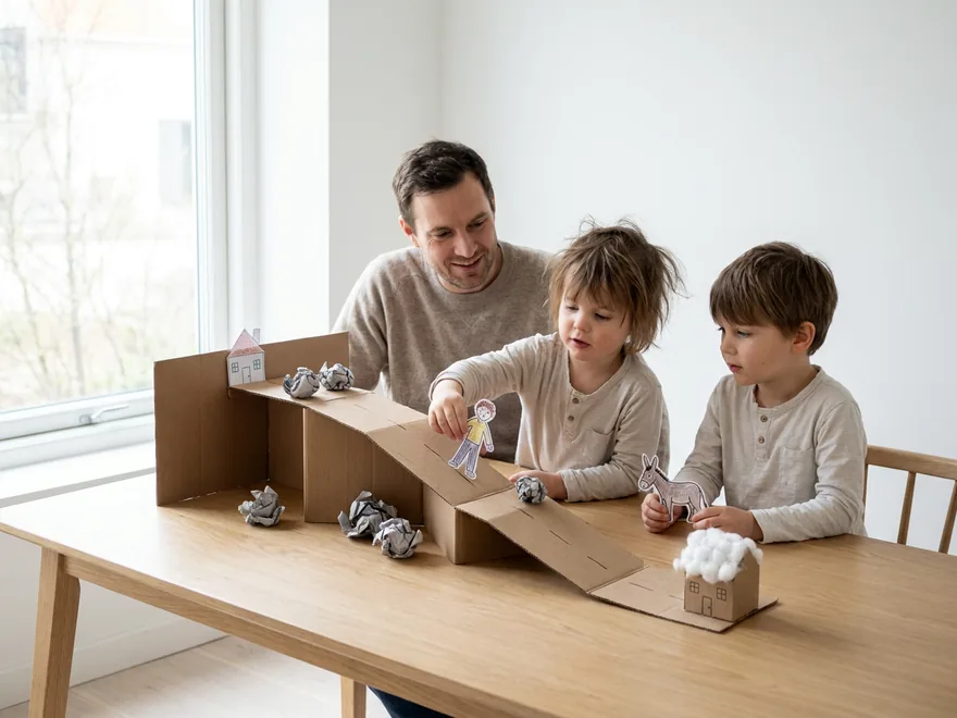 Two children and their father at a light-oak table with a folded cardboard road zigzagging down past crumpled-paper boulders to a small paper inn topped with cotton wool, one child holding a paper donkey