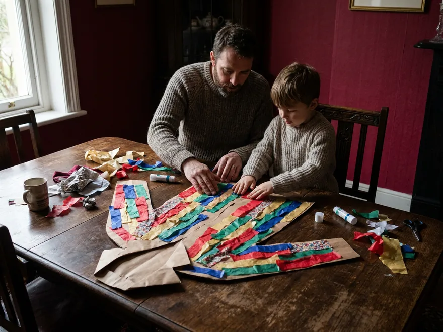 A father and son gluing bright stripes of tissue paper and fabric onto a big brown paper coat shape on a dining table