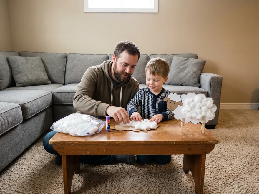 A father and son gluing cotton balls onto a cardboard cloud at a coffee table, a finished cotton-ball sheep standing on clothespin legs beside them