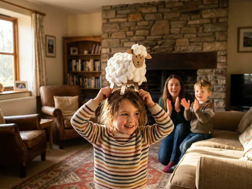 A laughing girl carrying a cotton-ball sheep on her head and shoulders in a living room with a stone fireplace while her mother and brother clap