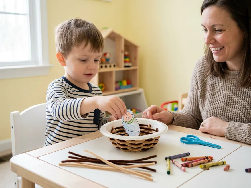 A boy at a small white craft table tucking a crayon-colored paper baby Moses into a paper plate woven with brown pipe cleaners, his mother smiling beside him
