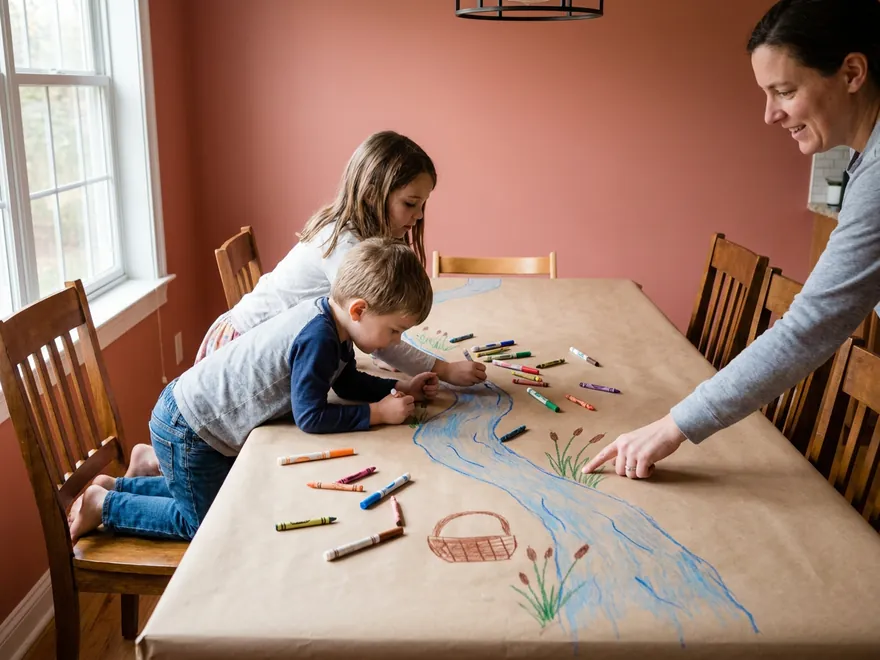 Two children leaning over brown paper spread across a dining table, drawing a blue river with green reeds and a small basket while a parent points to the reeds