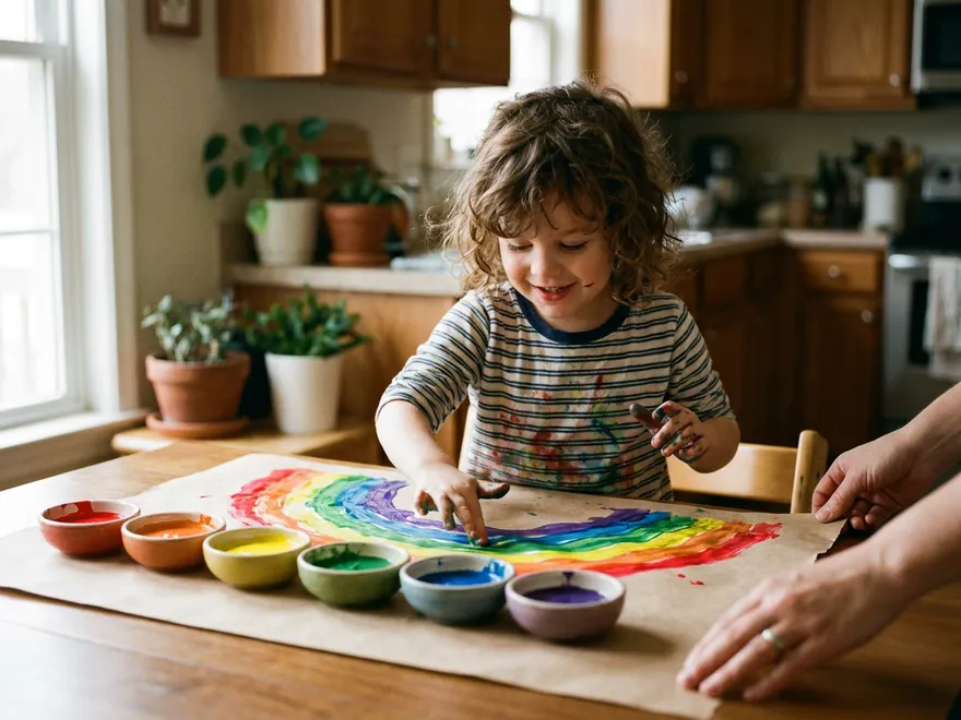 A young child finger-painting a rainbow arc in red, orange, yellow, green, blue and purple while a parent steadies the paper