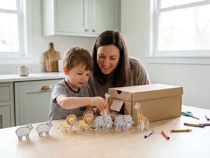 A mother and son lining up paper animal pairs, two sheep, two lions, two elephants and two giraffes, to walk up the ramp into a shoebox ark