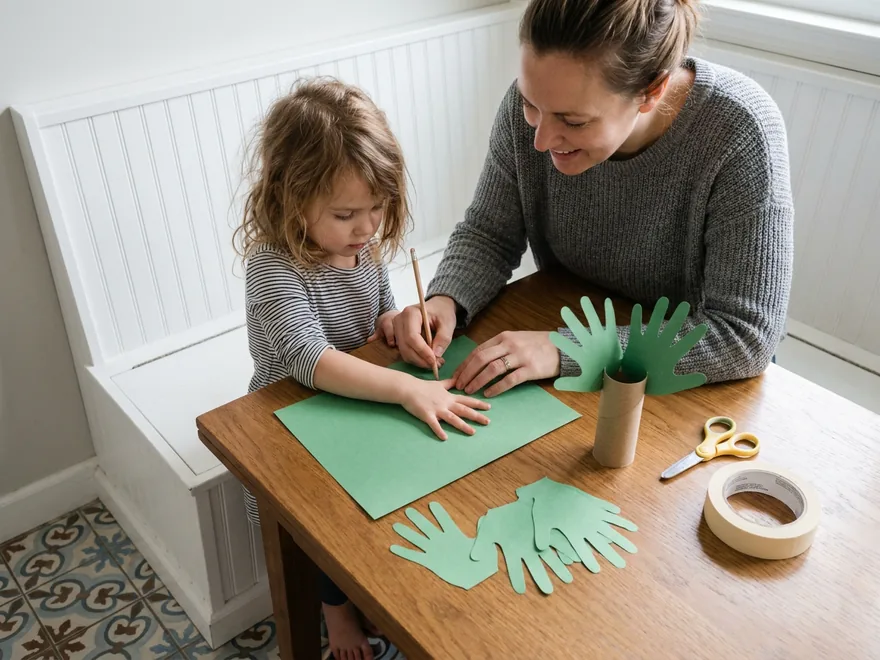 A mother tracing around her daughter's hand on green paper at a white breakfast-nook bench, green paper handprints fanned out on a cardboard tube beside them