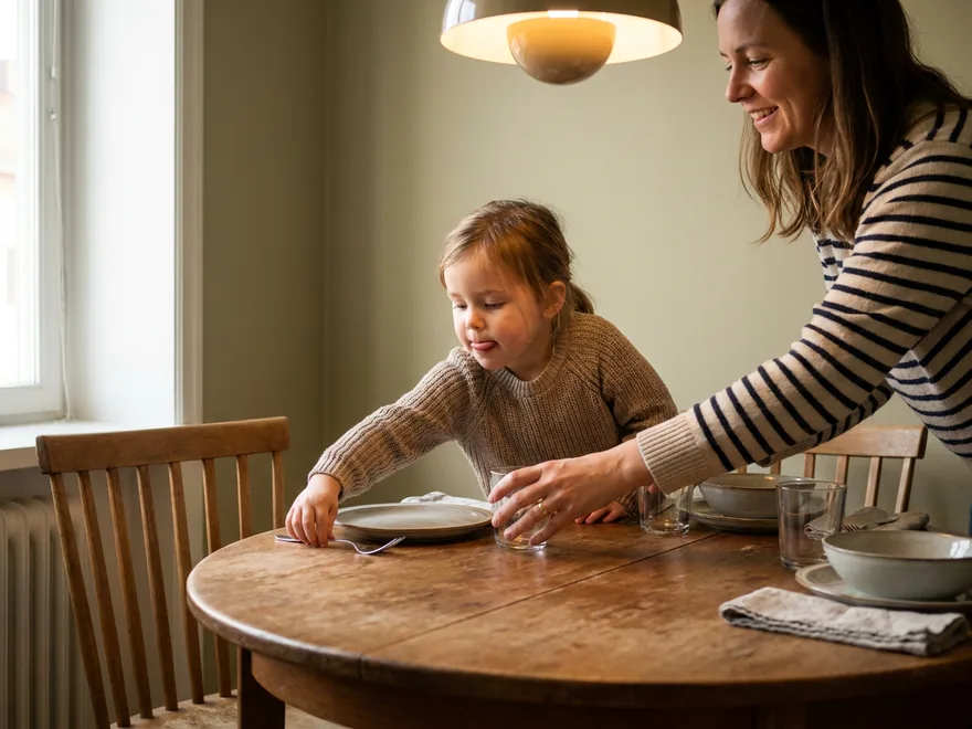 A girl setting a fork beside the plate at an extra place at a round dinner table under a pendant lamp while her mother sets down a glass