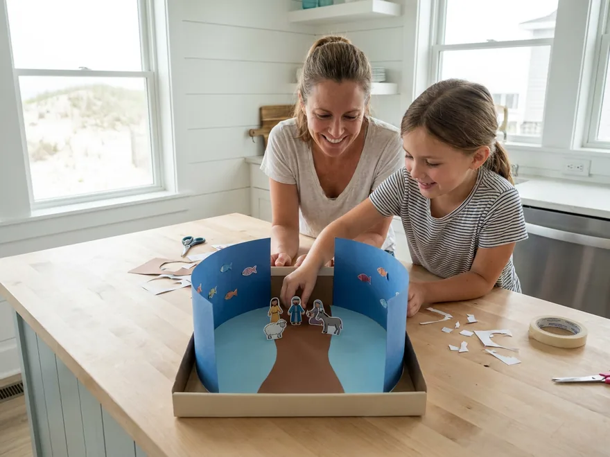 A girl walking little paper people, a sheep and a donkey down a brown paper path between two curled blue paper walls with paper fish, in a shoebox lid on a kitchen island
