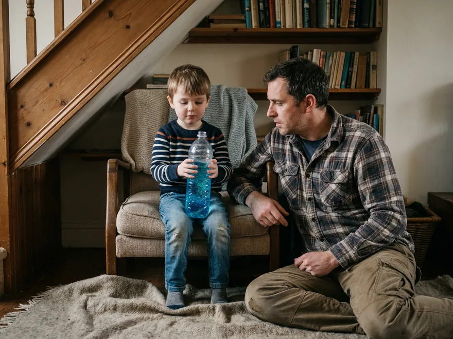 A boy sitting still in an armchair under the stairs holding a bottle of blue glittery water, his father sitting on the rug beside him