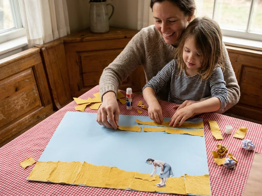 A mother and daughter at a gingham-covered table gluing torn golden paper strips like grain across the bottom of a blue sheet, a small paper figure bending to gather grain