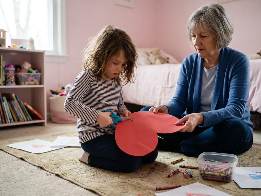 A girl cutting out a large red paper heart on a pink bedroom carpet while her grandmother holds the paper steady