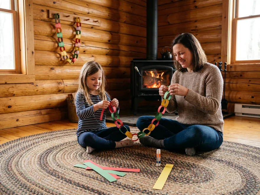 A mother and daughter sitting on a braided rug in a log-cabin living room linking strips of coloured paper into a chain, more of the chain hanging on the wall behind them