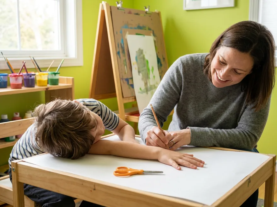 A mother tracing around her son's arm and hand with a pencil on a large sheet of paper in a bright green art room with an easel