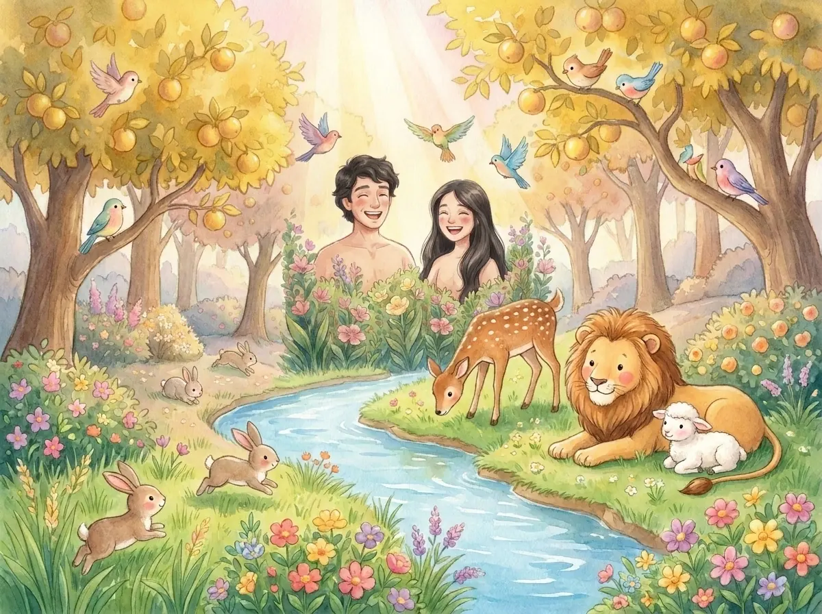 Adam and Eve: Bible story illustration for kids