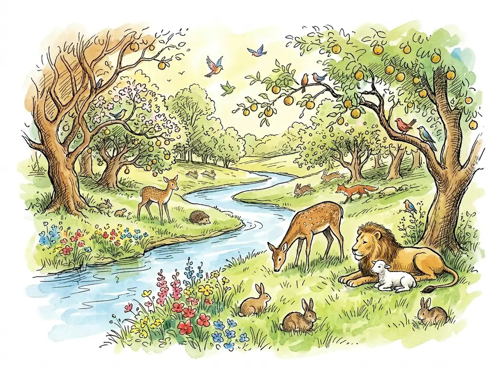 The Garden of Eden in full glory with a river, fruit trees, and animals at peace together