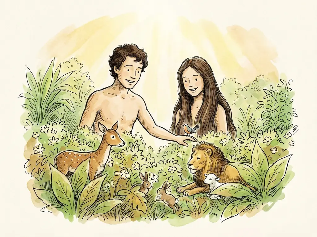 Adam naming the animals with Eve beside him while warm light shines down on the garden