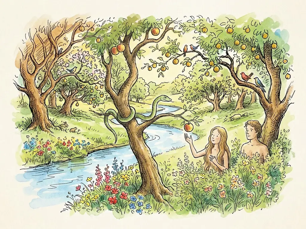 Eve reaching toward the fruit while the serpent coils in the tree and Adam stands beside her
