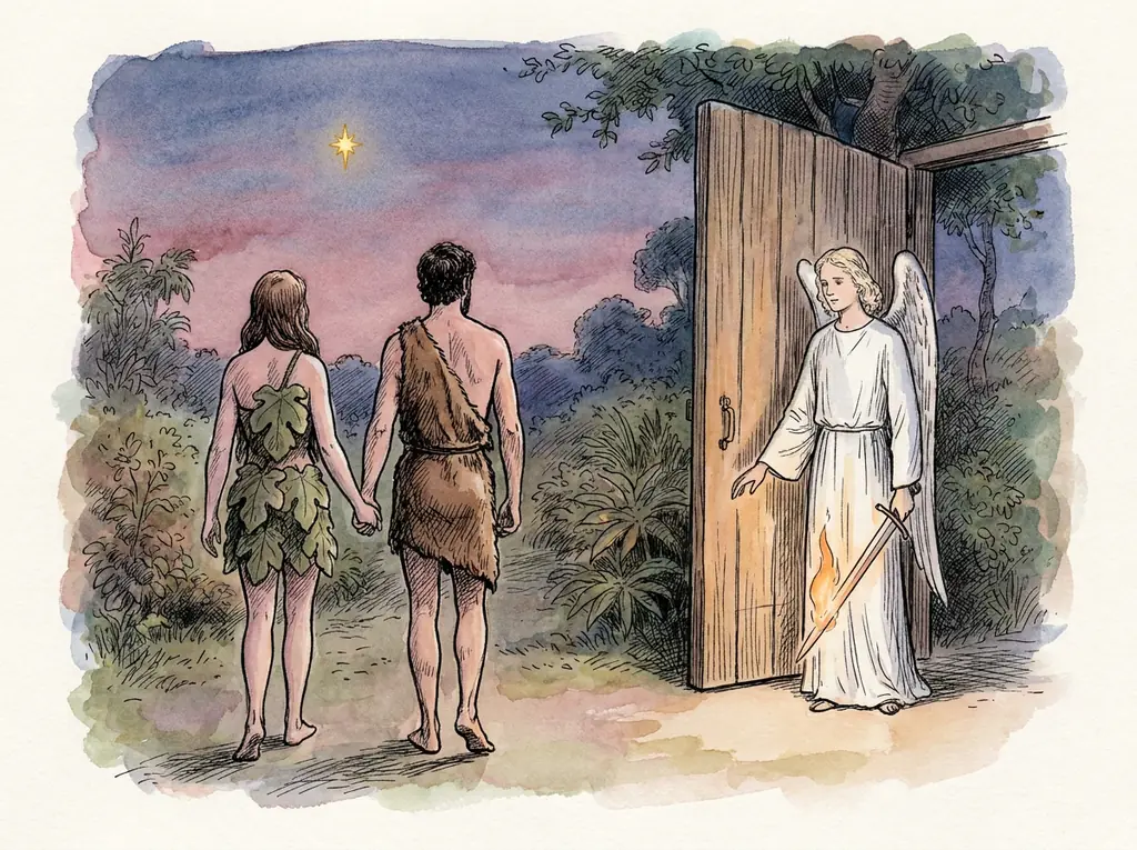 Adam and Eve in simple garments leaving the garden gate at dusk with a gentle angel by the gate and a star of hope in the sky