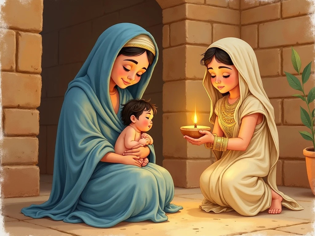 Moses' mother holding her baby tenderly