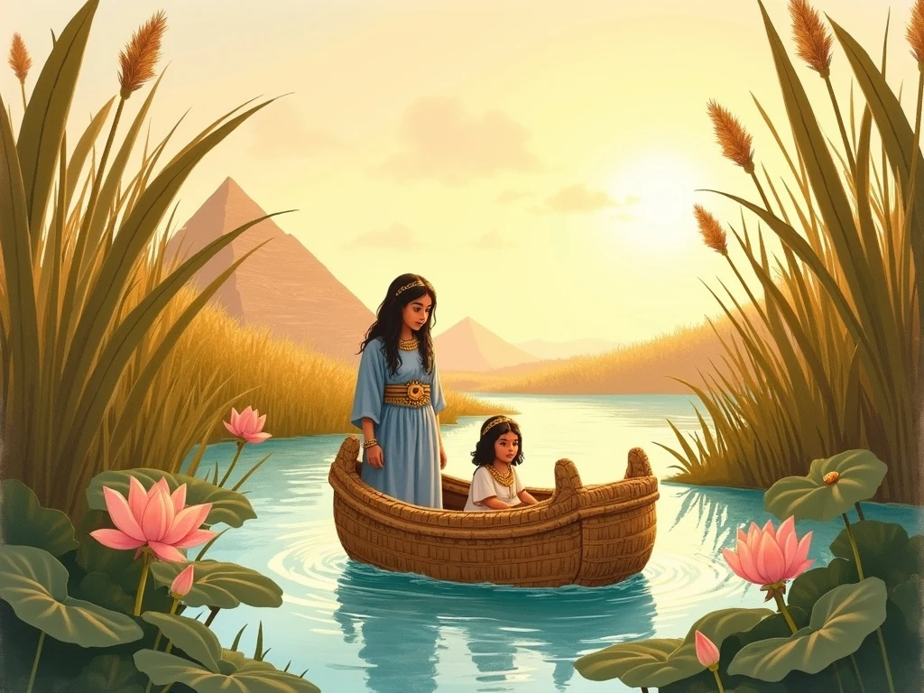Baby Moses in a basket among the Nile reeds