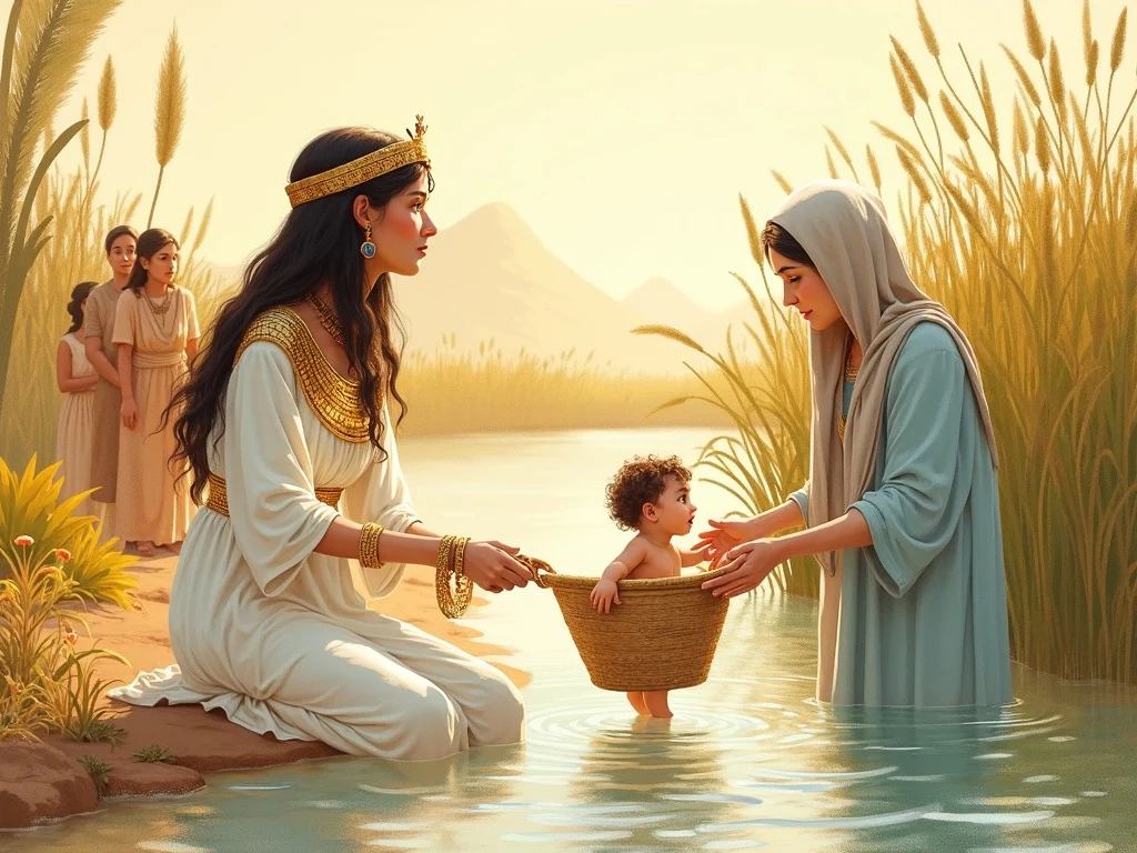 Pharaoh's daughter discovering baby Moses by the river