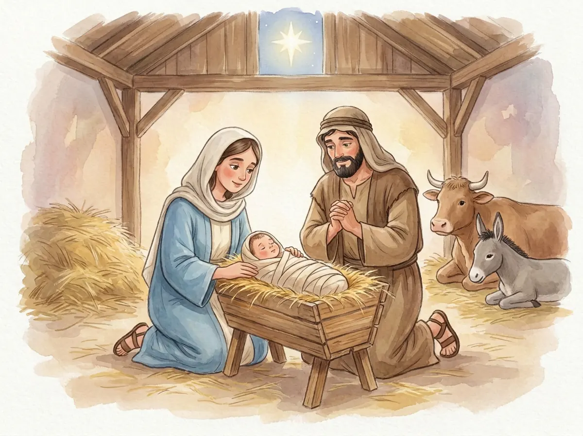 The Birth of Jesus: Bible story illustration for kids