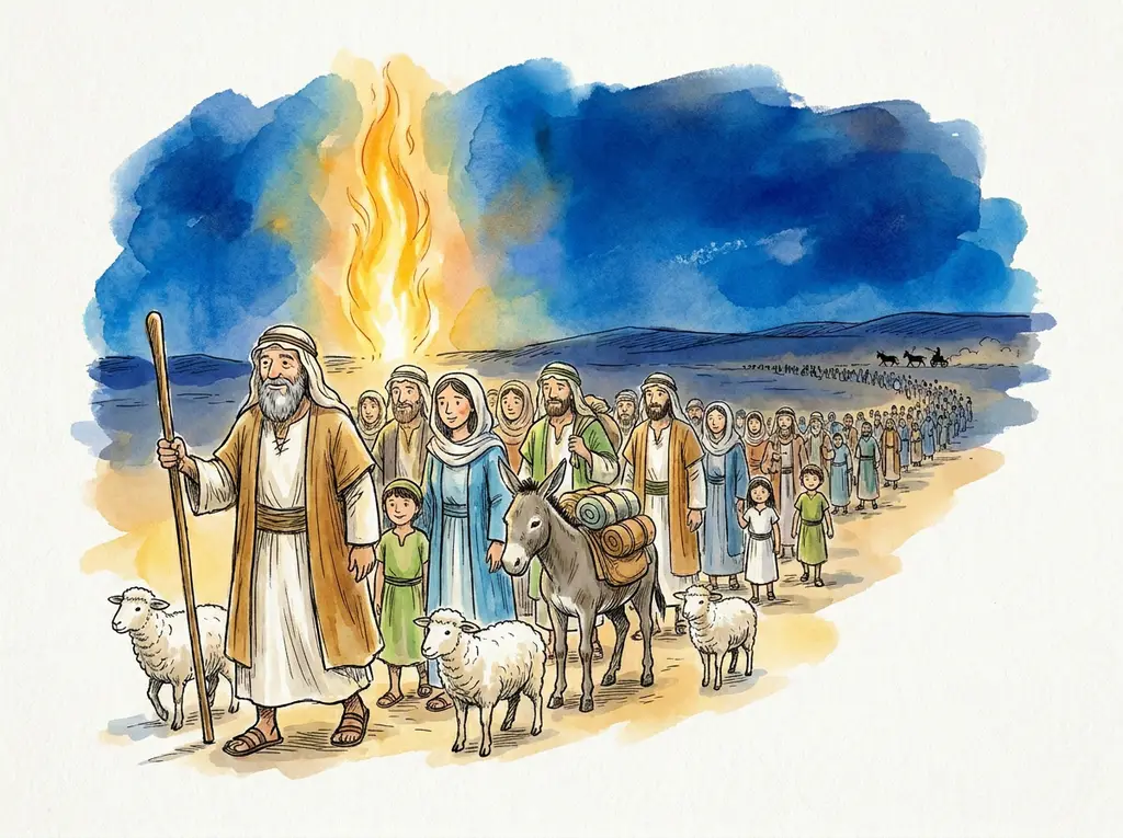 Moses leading the Israelite families out of Egypt at night, following the warm pillar of fire