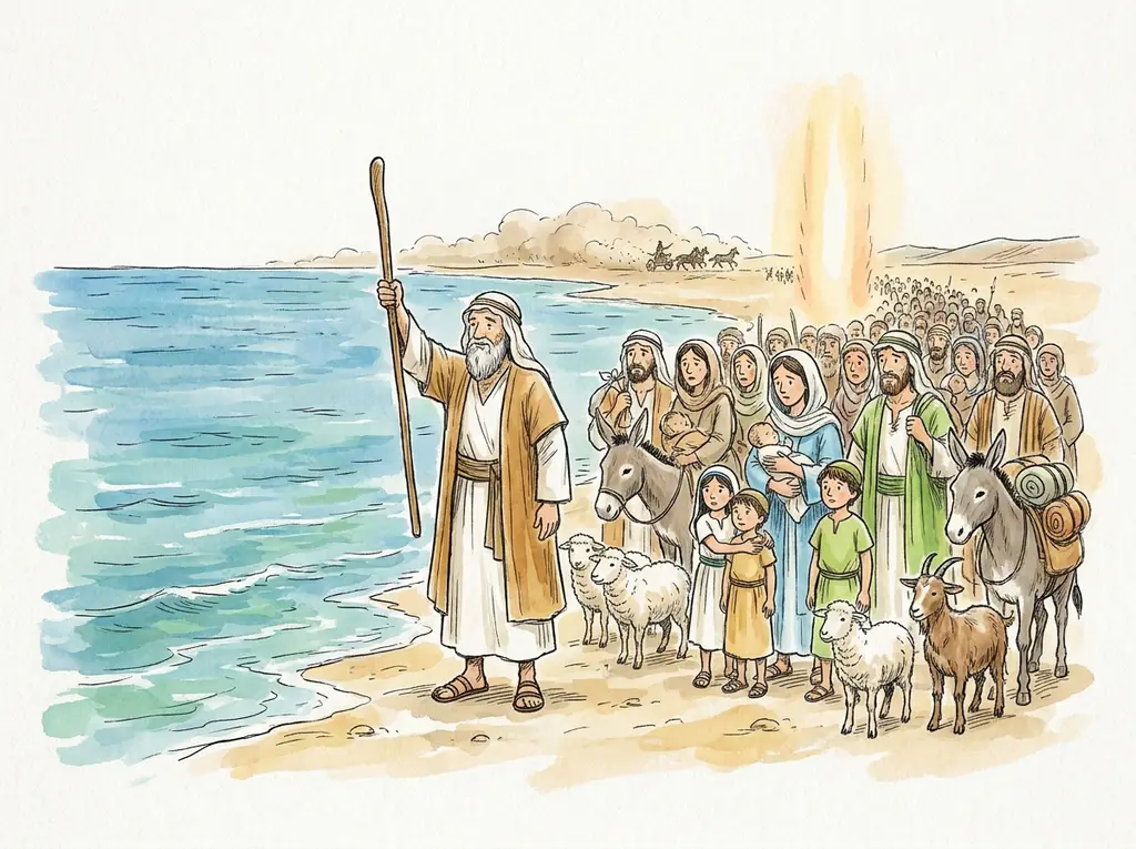 The Israelites huddled at the edge of the Red Sea as Moses calmly raises his staff, chariot dust far on the horizon