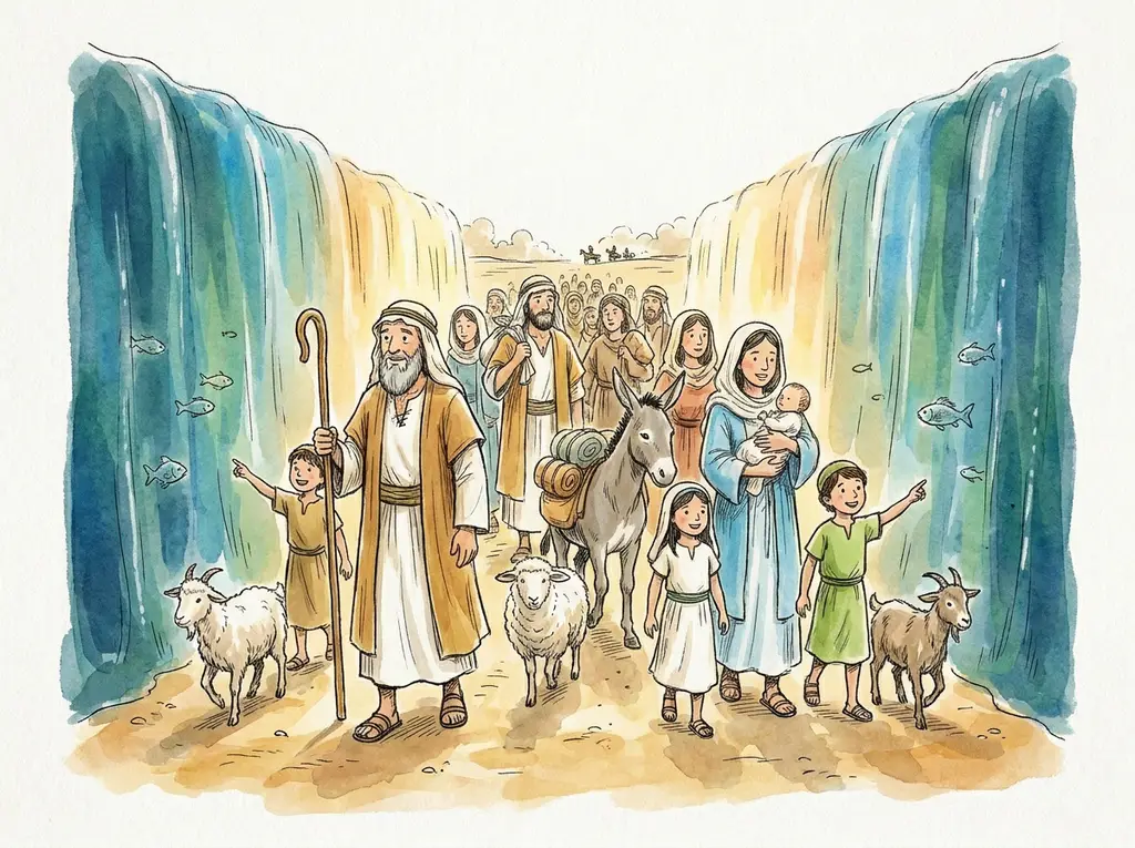 Families walking the dry path through the parted Red Sea while children point at fish inside the walls of water