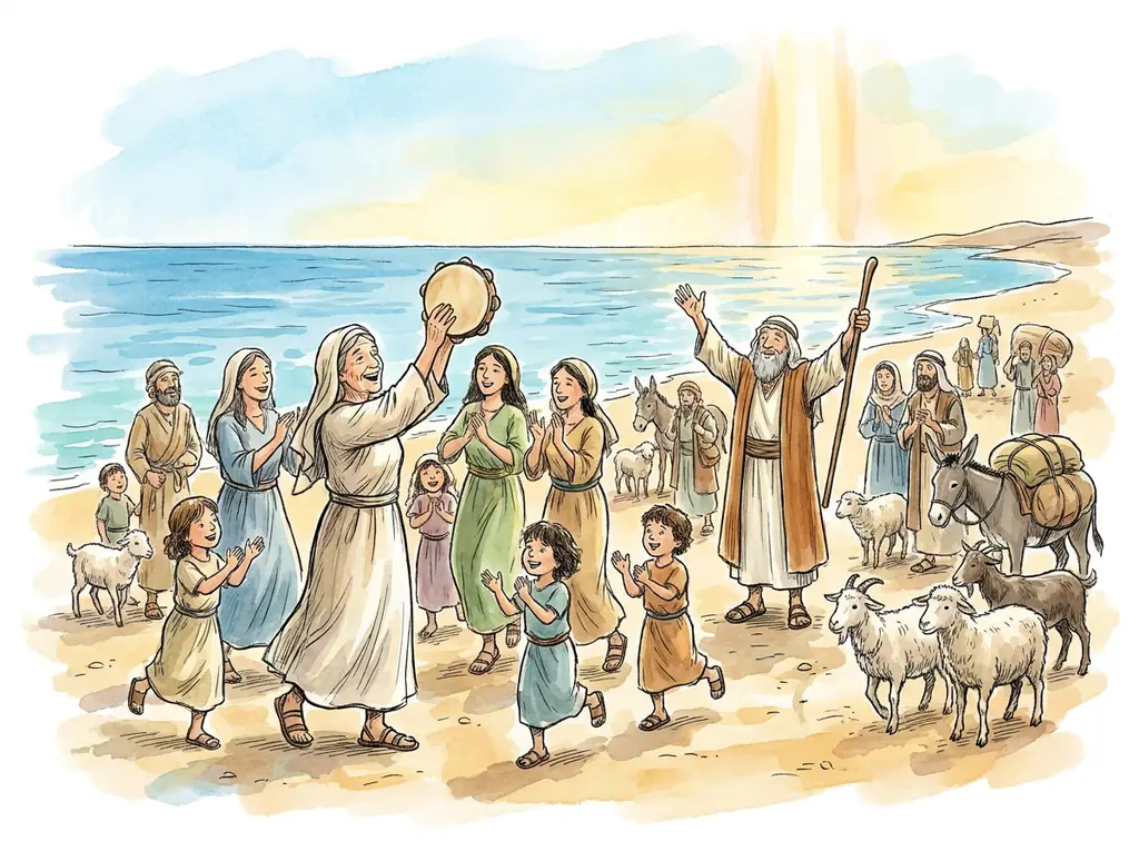 Miriam and the women dancing with tambourines on the far shore while Moses lifts his arms in thanks
