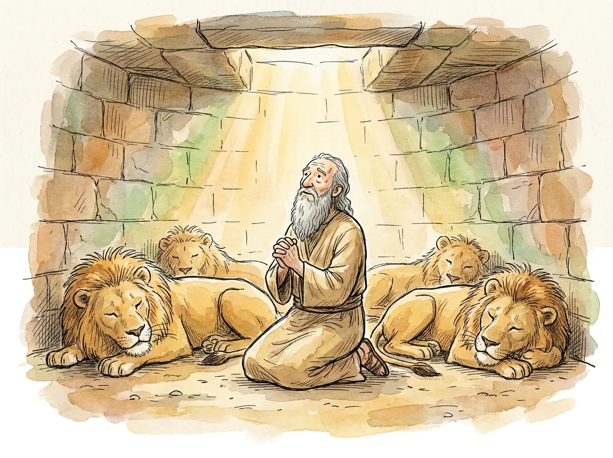 Daniel and the Lions' Den — Bible story illustration for kids