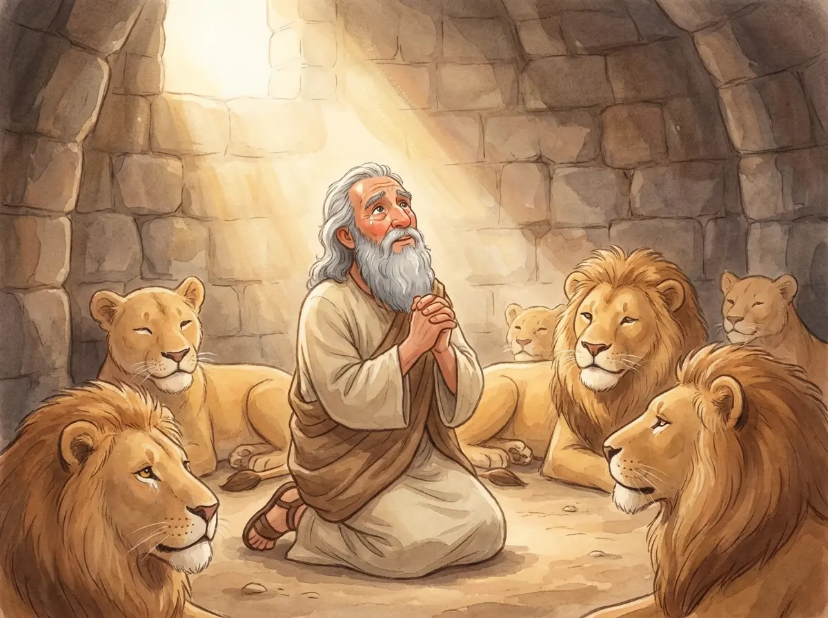 Daniel and the Lions' Den: Bible story illustration for kids