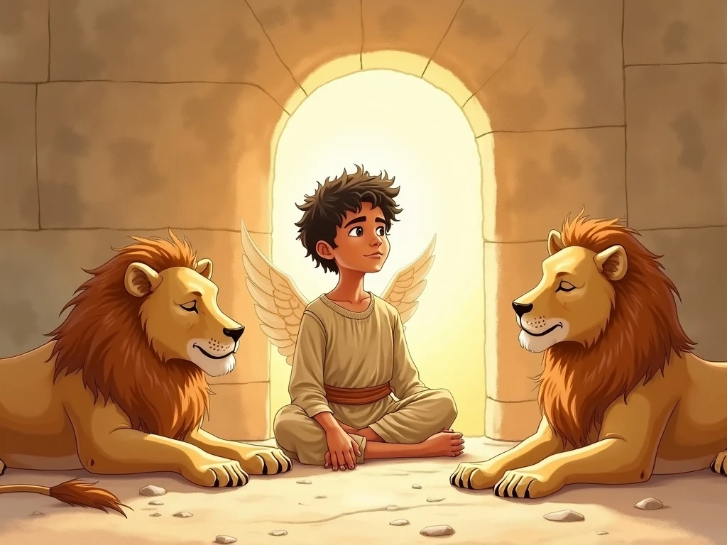 Daniel at peace with the lions in the den