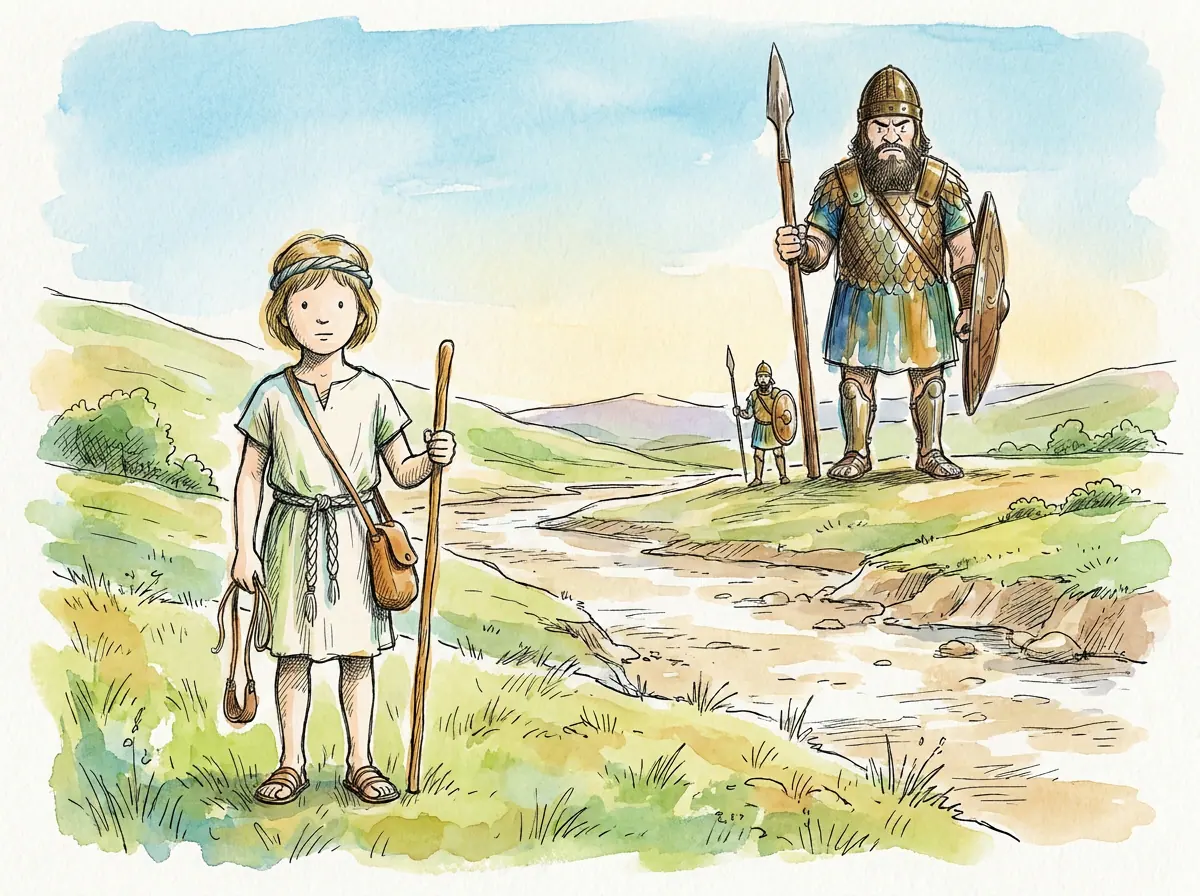 David and Goliath — Bible story illustration for kids