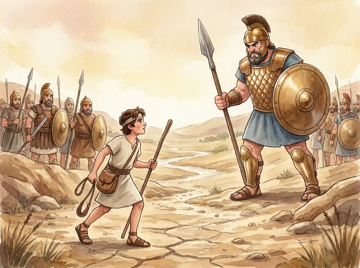 David and Goliath: Bible story illustration for kids