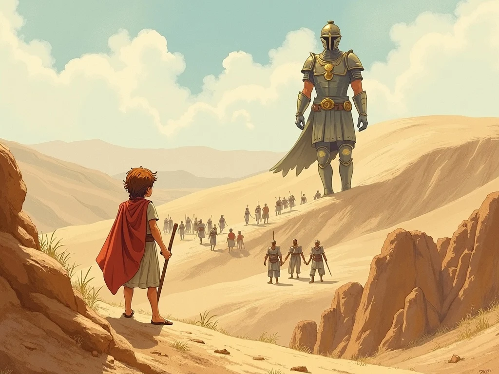 The giant Goliath towering over the Israelite army
