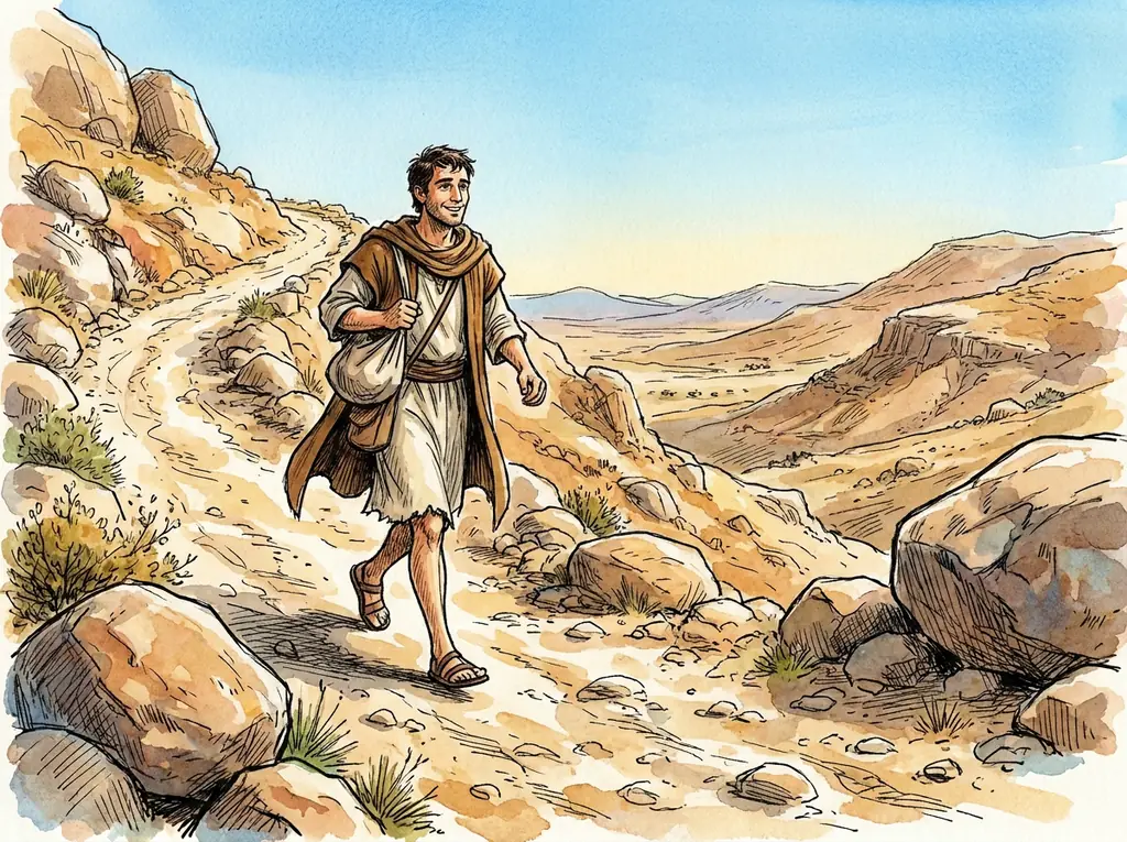 The traveler walking alone down the steep rocky road from Jerusalem to Jericho