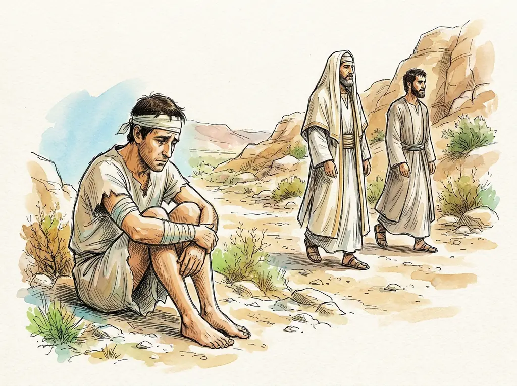 The hurt traveler sitting bandaged by the roadside while a priest and a Levite pass by on the other side