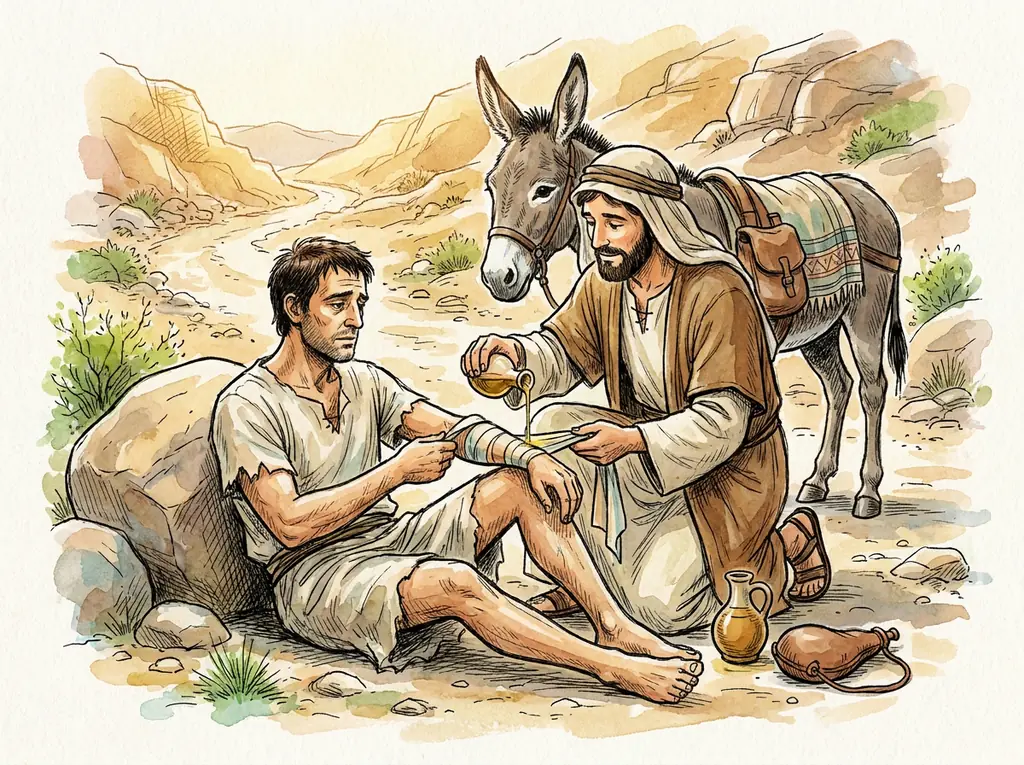 The Good Samaritan kneeling on the road, pouring oil and bandaging the hurt man's arm while his donkey waits