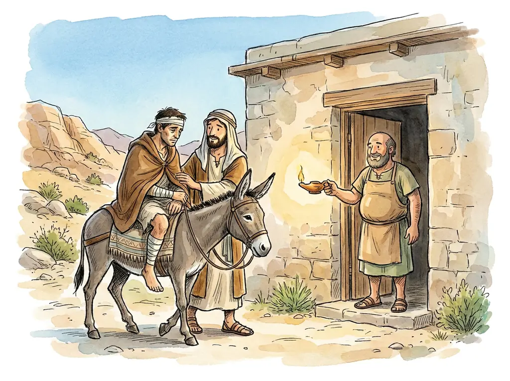 The Samaritan leading his donkey carrying the bandaged traveler to the inn, where the innkeeper welcomes them