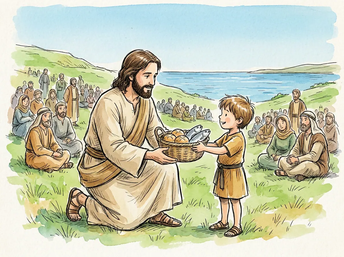 Jesus Feeds 5,000 — Bible story illustration for kids