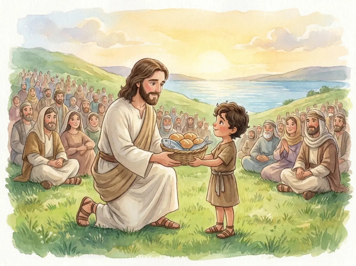 Jesus Feeds 5,000: Bible story illustration for kids