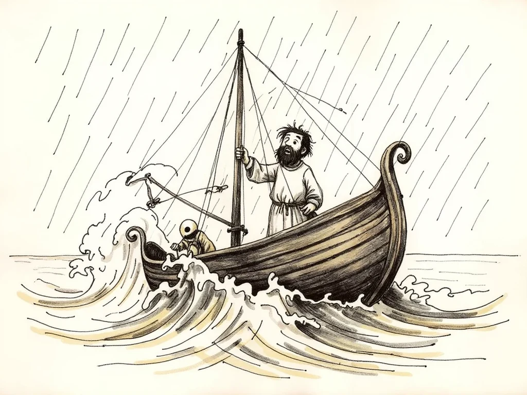 Jonah on a boat in a terrible storm
