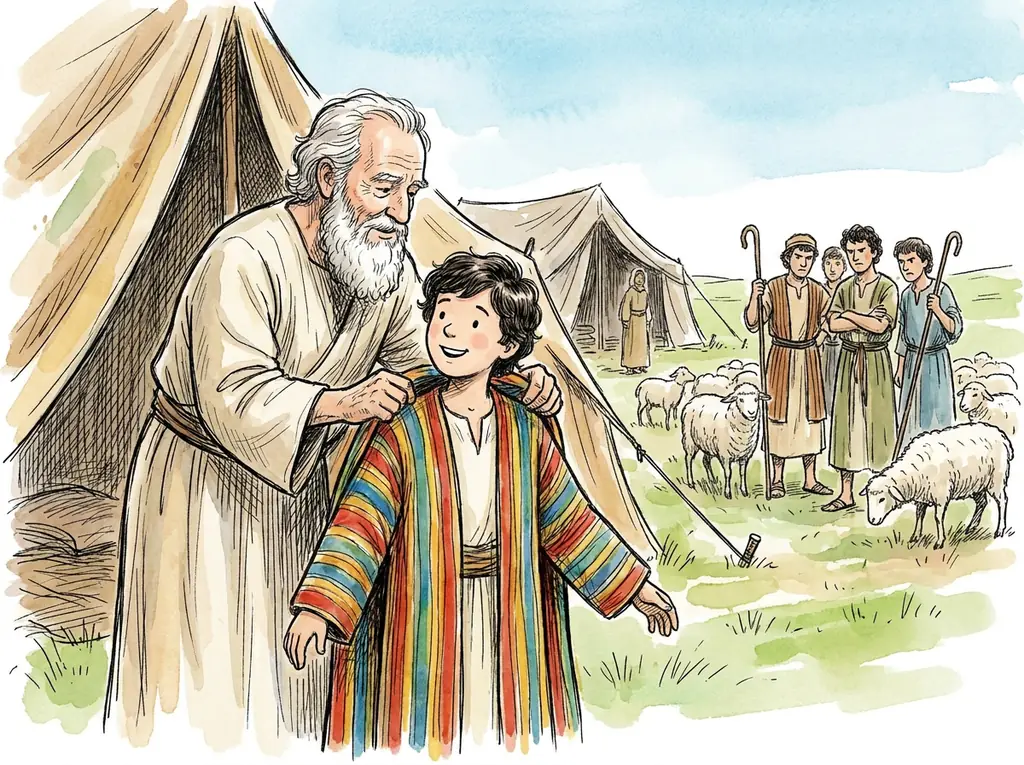 Jacob giving young Joseph the coat of many colors while his brothers watch from the field