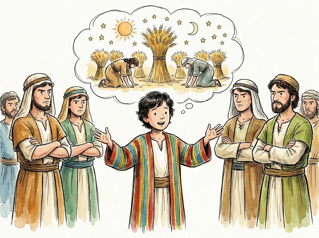Joseph telling his dreams of bowing wheat sheaves and eleven stars to his frowning brothers