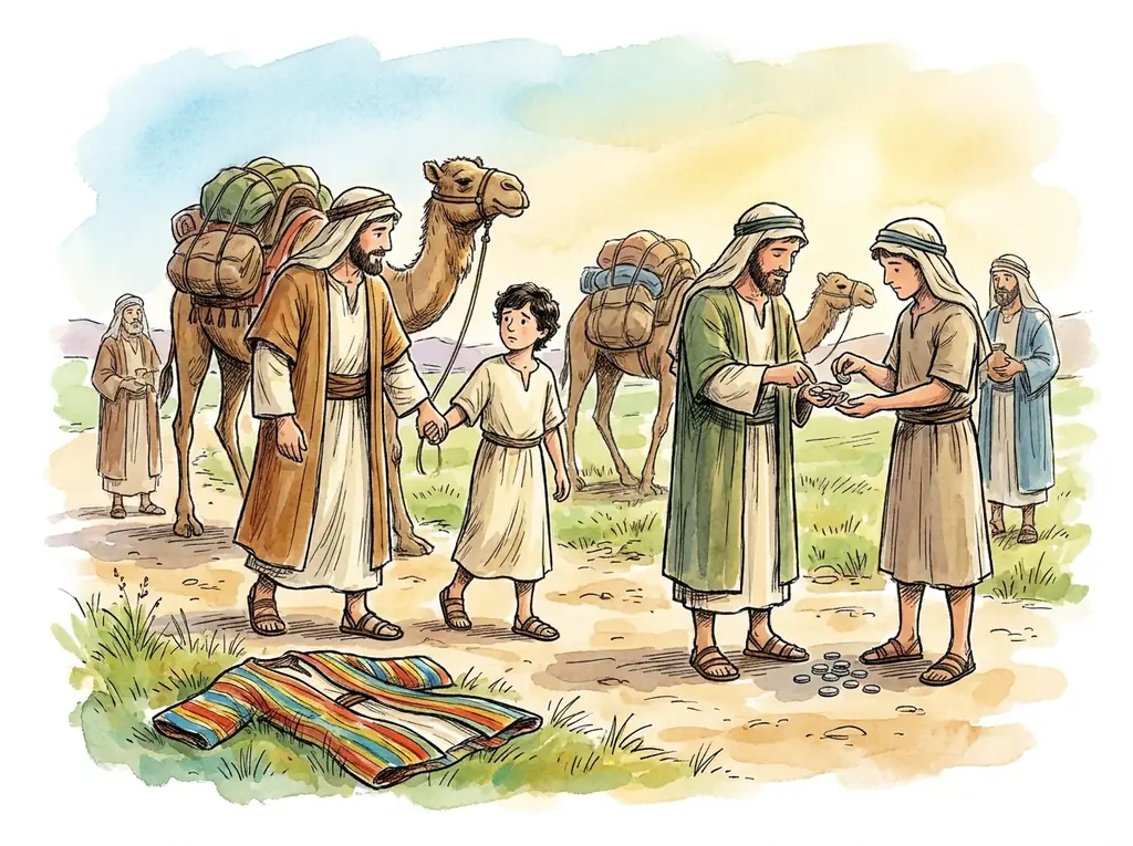 Joseph's brothers selling him to traveling merchants with camels, the colorful coat left behind
