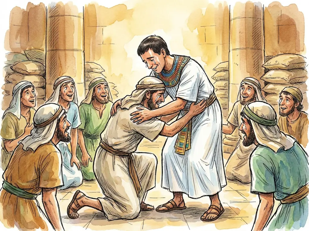 Governor Joseph in Egypt embracing and forgiving his bowing brothers among grain sacks